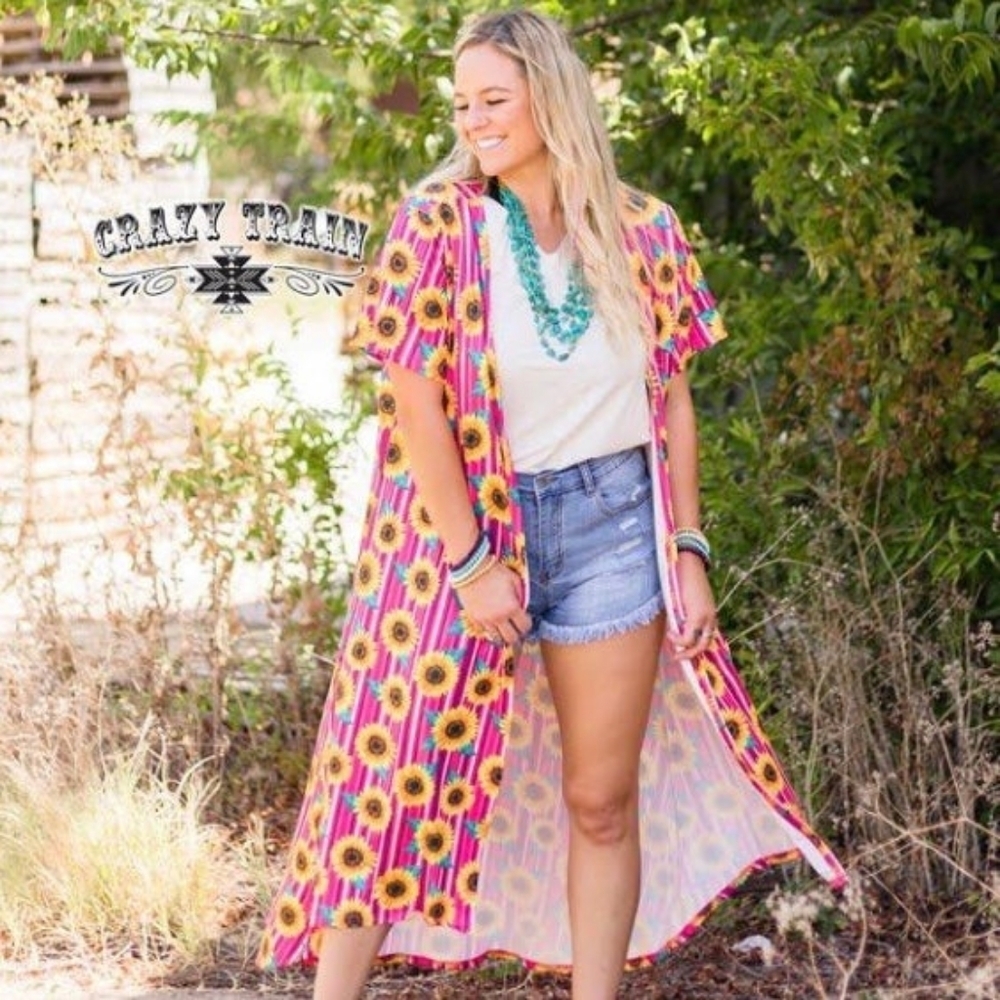 Crazy Train Women's Pink Sunny Side Sunflower Duster Size Medium